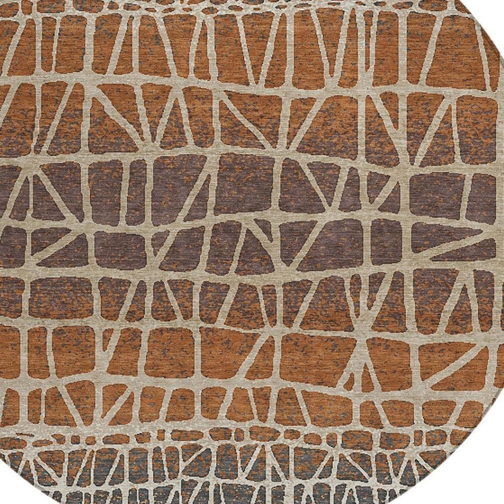 HomeRoots 8' Copper Brown Beige Round Geometric Area Rug – Stylish, Washable, Indoor/Outdoor Decor for All Spaces 690659