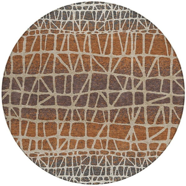 HomeRoots 8' Copper Brown Beige Round Geometric Area Rug – Stylish, Washable, Indoor/Outdoor Decor for All Spaces 690659