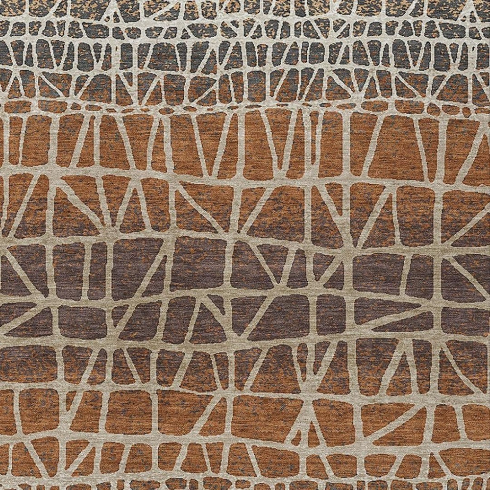 HomeRoots 8' Copper Brown and Beige Geometric Area Rug - Washable, Durable, Indoor/Outdoor, Modern Design 690660