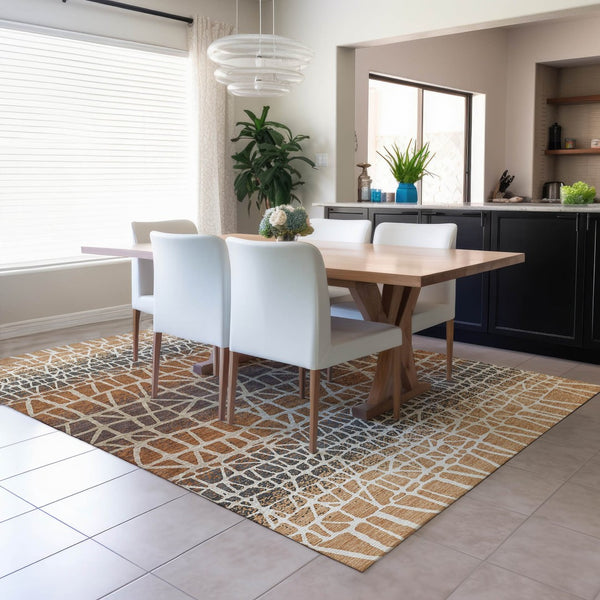 HomeRoots 10' Geometric Copper Brown & Beige Washable Area Rug – Durable Indoor/Outdoor Style for High-Traffic Use 690662