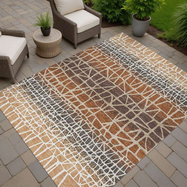 HomeRoots 10' Geometric Copper Brown & Beige Washable Area Rug – Durable Indoor/Outdoor Style for High-Traffic Use 690662