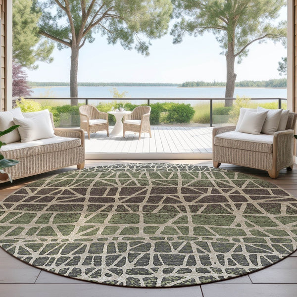 HomeRoots 8' Washable Round Area Rug in Fern Green, Brown & Beige - Durable Geometric Design for Indoor/Outdoor Use 690665