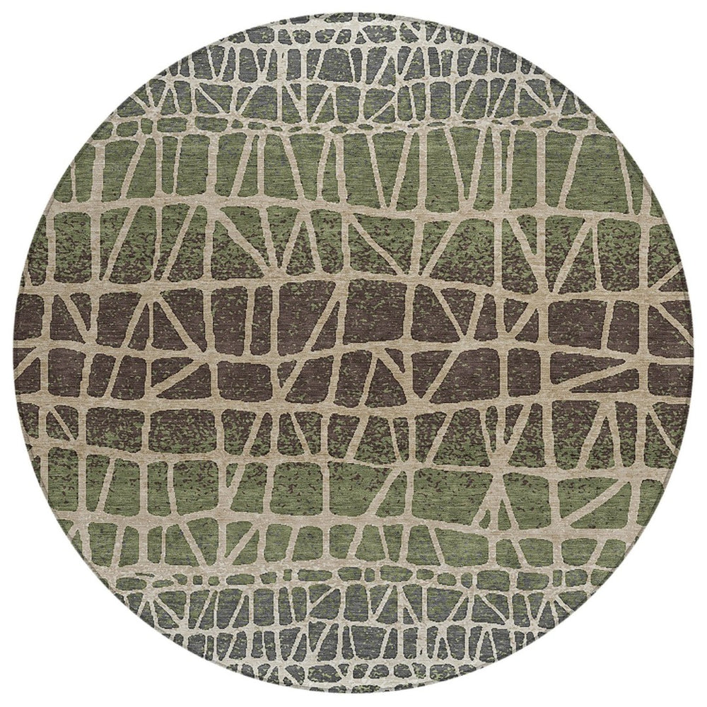 HomeRoots 8' Washable Round Area Rug in Fern Green, Brown & Beige - Durable Geometric Design for Indoor/Outdoor Use 690665