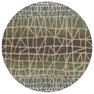 HomeRoots 8' Washable Round Area Rug in Fern Green, Brown & Beige - Durable Geometric Design for Indoor/Outdoor Use 690665