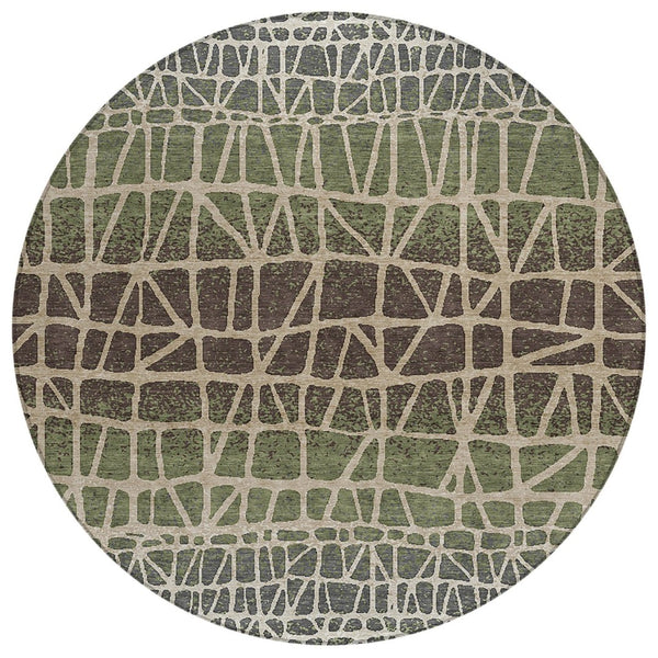 HomeRoots 8' Washable Round Area Rug in Fern Green, Brown & Beige - Durable Geometric Design for Indoor/Outdoor Use 690665