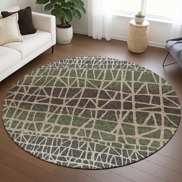 HomeRoots 8' Washable Round Area Rug in Fern Green, Brown & Beige - Durable Geometric Design for Indoor/Outdoor Use 690665