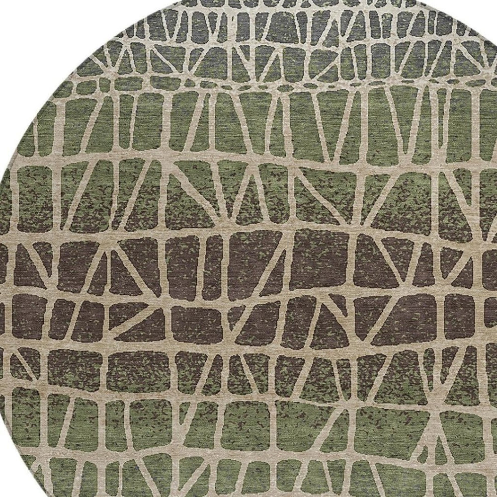 HomeRoots 8' Washable Round Area Rug in Fern Green, Brown & Beige - Durable Geometric Design for Indoor/Outdoor Use 690665