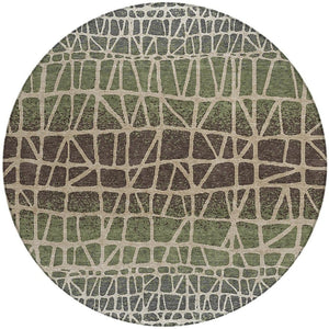 HomeRoots 8' Washable Round Area Rug in Fern Green, Brown & Beige - Durable Geometric Design for Indoor/Outdoor Use 690665
