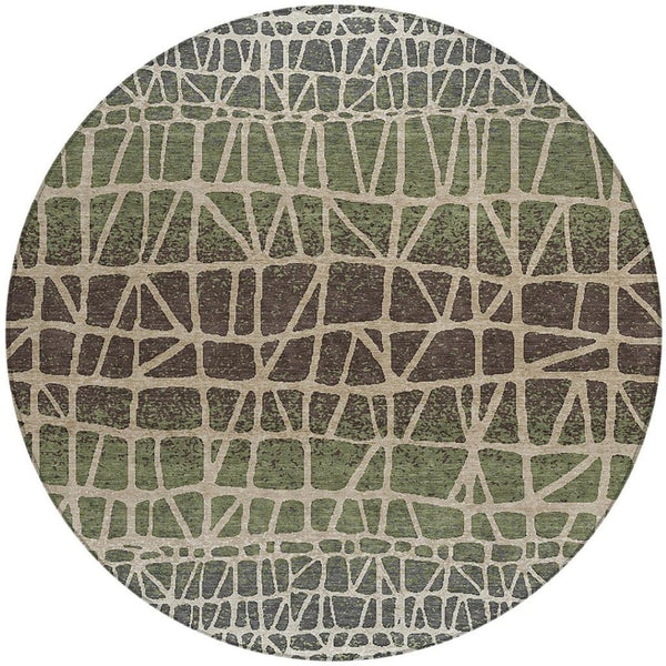 HomeRoots 8' Washable Round Area Rug in Fern Green, Brown & Beige - Durable Geometric Design for Indoor/Outdoor Use 690665