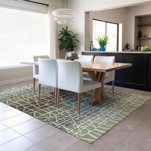 HomeRoots 8' Geometric Washable Area Rug in Fern Green, Brown & Beige - Durable Indoor/Outdoor Design, Easy Care 690666