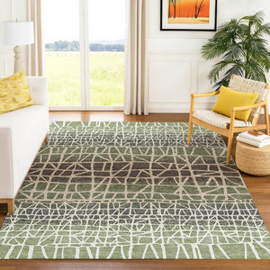 HomeRoots 9' X 12' Stylish Geometric Area Rug in Fern Green, Brown & Beige – Washable for Indoor/Outdoor Use 690667