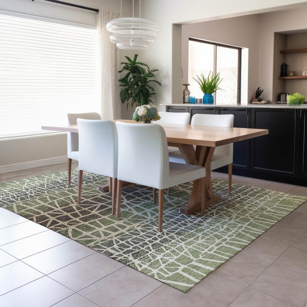 HomeRoots 10' Geometric Washable Area Rug in Fern Green, Brown & Beige - Indoor/Outdoor Durability & Style! 690668