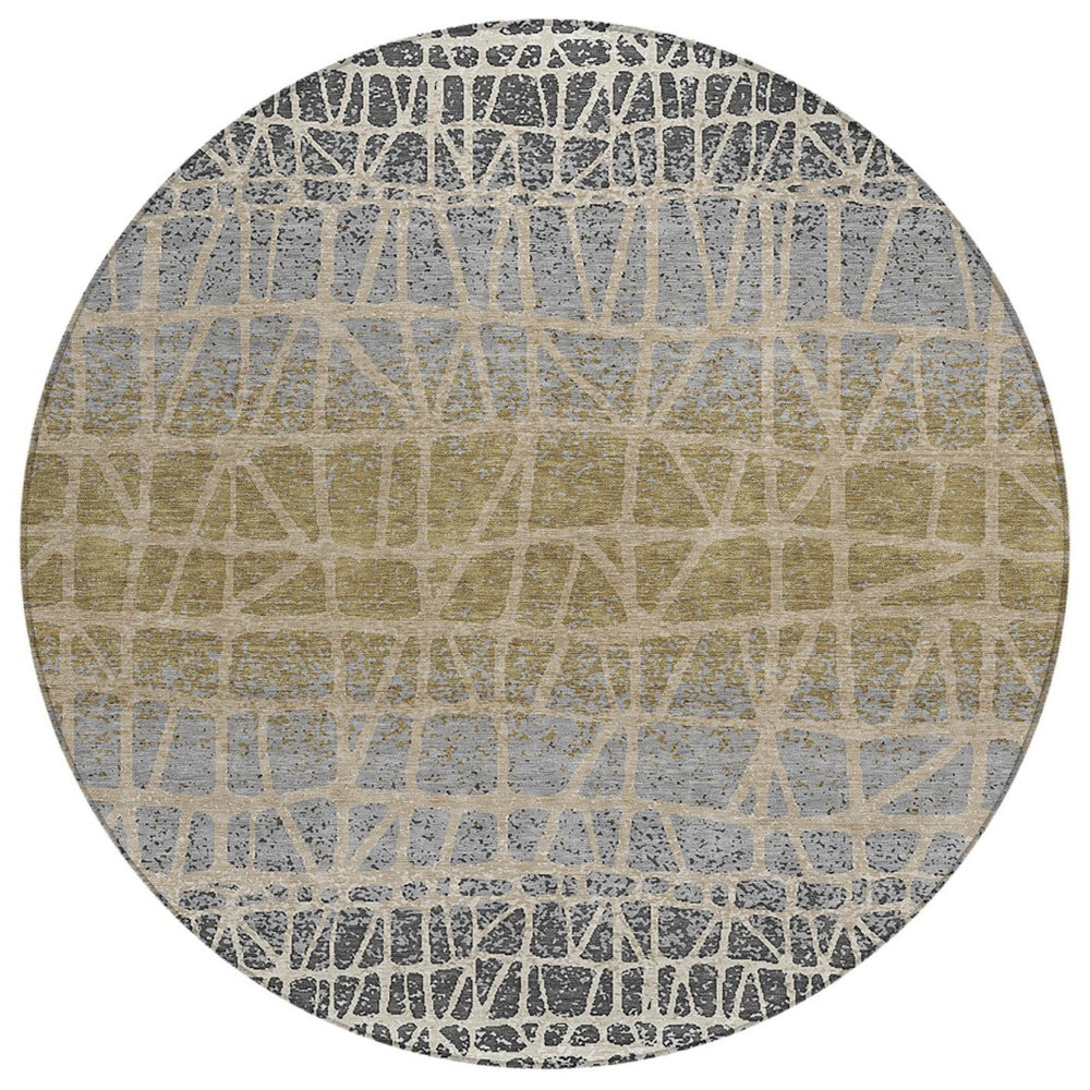 HomeRoots 8' Gray Beige and Ivory Round Rug - Stylish, Washable Geometric Design for Indoor and Outdoor Use 690677