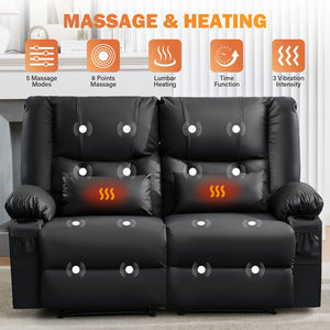English Elm Recliner Loveseat with Massage Heat Pu Leather Dual Seating and Usb Charging Ports Black W1521S00082