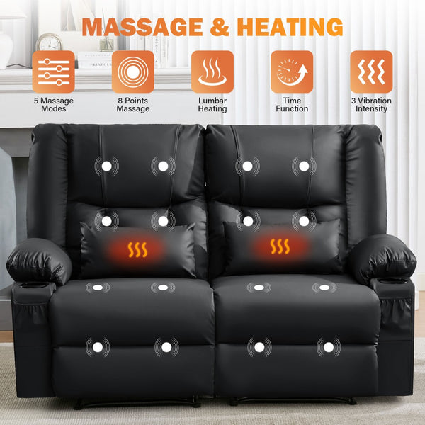 English Elm Recliner Loveseat with Massage Heat Pu Leather Dual Seating and Usb Charging Ports Black W1521S00082