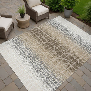 HomeRoots 10' Stylish Ivory Brown Geometric Washable Area Rug for Indoor/Outdoor Use - Durable & Easy Care 690686