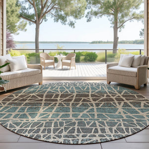HomeRoots 8' Teal Blue Geometric Round Area Rug - Stylish, Washable, Indoor/Outdoor, Pet-Friendly Design 690689