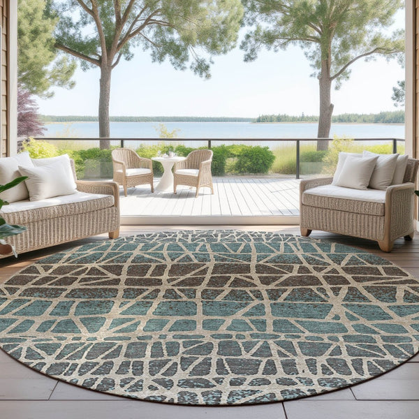 HomeRoots 8' Teal Blue Geometric Round Area Rug - Stylish, Washable, Indoor/Outdoor, Pet-Friendly Design 690689