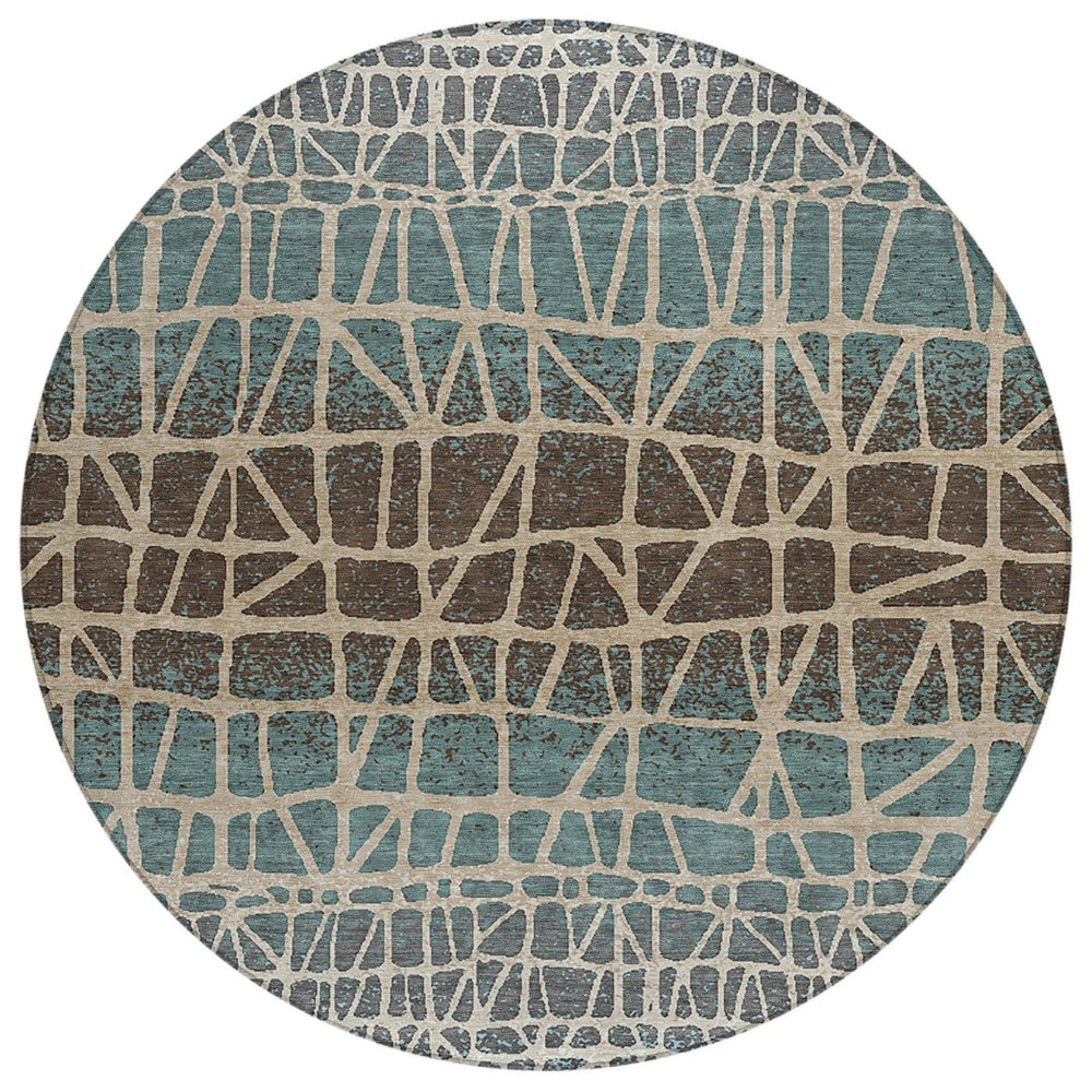 HomeRoots 8' Teal Blue Geometric Round Area Rug - Stylish, Washable, Indoor/Outdoor, Pet-Friendly Design 690689