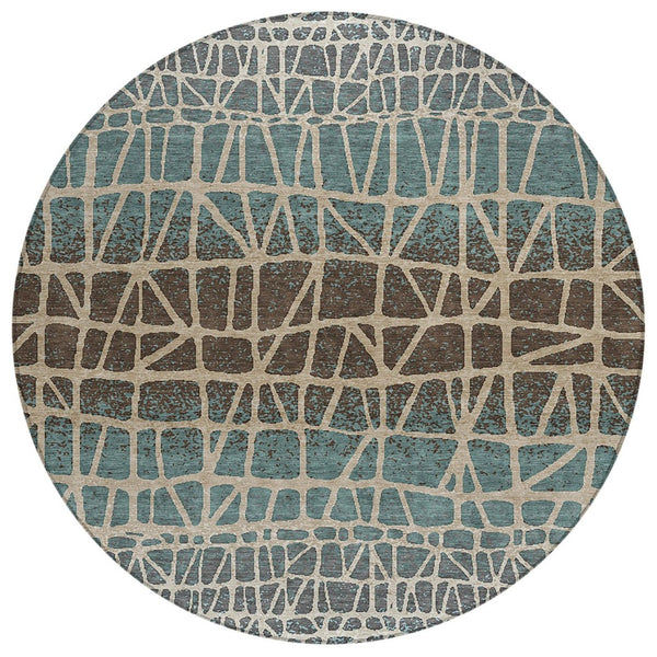 HomeRoots 8' Teal Blue Geometric Round Area Rug - Stylish, Washable, Indoor/Outdoor, Pet-Friendly Design 690689