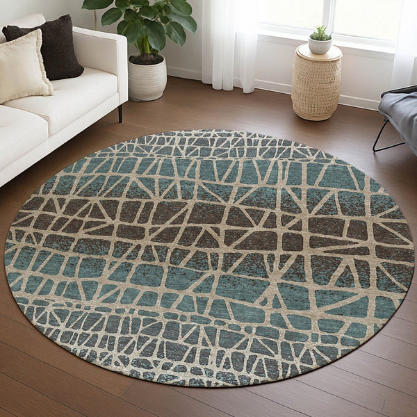 HomeRoots 8' Teal Blue Geometric Round Area Rug - Stylish, Washable, Indoor/Outdoor, Pet-Friendly Design 690689
