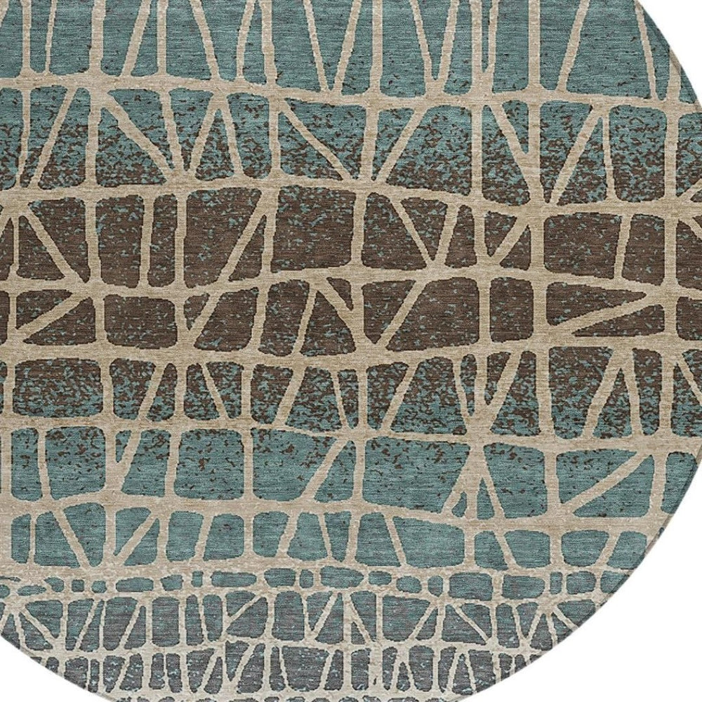 HomeRoots 8' Teal Blue Geometric Round Area Rug - Stylish, Washable, Indoor/Outdoor, Pet-Friendly Design 690689