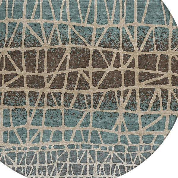 HomeRoots 8' Teal Blue Geometric Round Area Rug - Stylish, Washable, Indoor/Outdoor, Pet-Friendly Design 690689