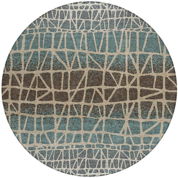 HomeRoots 8' Teal Blue Geometric Round Area Rug - Stylish, Washable, Indoor/Outdoor, Pet-Friendly Design 690689