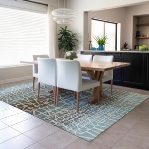 HomeRoots 10' Teal Blue Geometric Area Rug - Washable, Durable Indoor/Outdoor Design for High-Traffic Spaces 690692