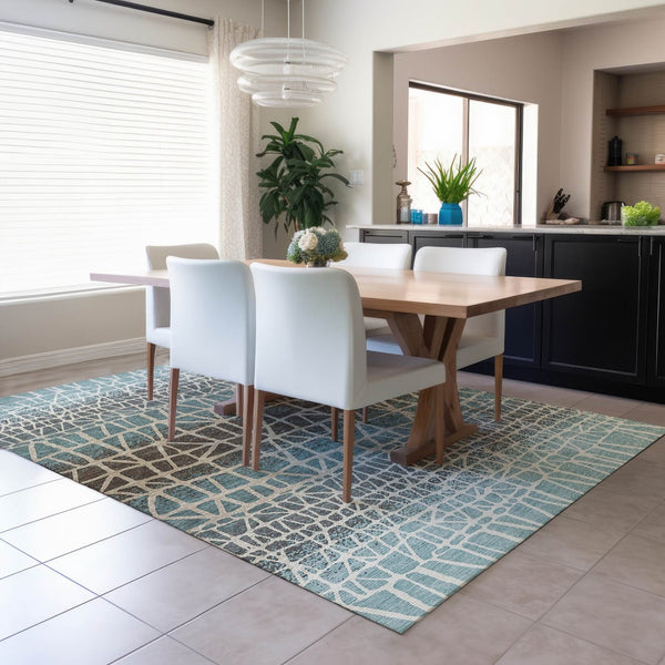 HomeRoots 10' Teal Blue Geometric Area Rug - Washable, Durable Indoor/Outdoor Design for High-Traffic Spaces 690692