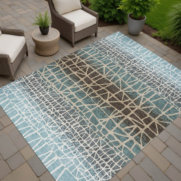 HomeRoots 10' Teal Blue Geometric Area Rug - Washable, Durable Indoor/Outdoor Design for High-Traffic Spaces 690692