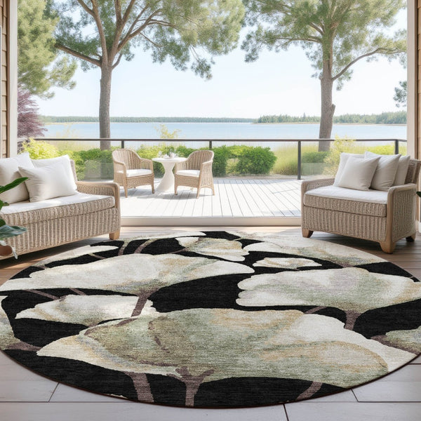 HomeRoots 8' Stylish Washable Round Area Rug with Bold Botanical Leaves for Indoor/Outdoor Spaces, Durable Design 690695