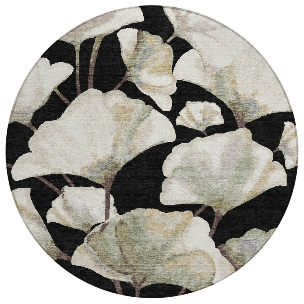 HomeRoots 8' Stylish Washable Round Area Rug with Bold Botanical Leaves for Indoor/Outdoor Spaces, Durable Design 690695