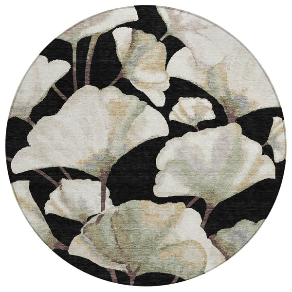 HomeRoots 8' Stylish Washable Round Area Rug with Bold Botanical Leaves for Indoor/Outdoor Spaces, Durable Design 690695