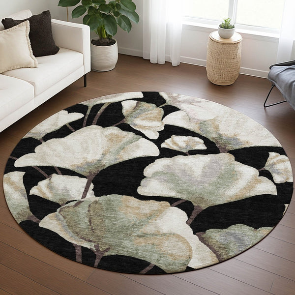 HomeRoots 8' Stylish Washable Round Area Rug with Bold Botanical Leaves for Indoor/Outdoor Spaces, Durable Design 690695