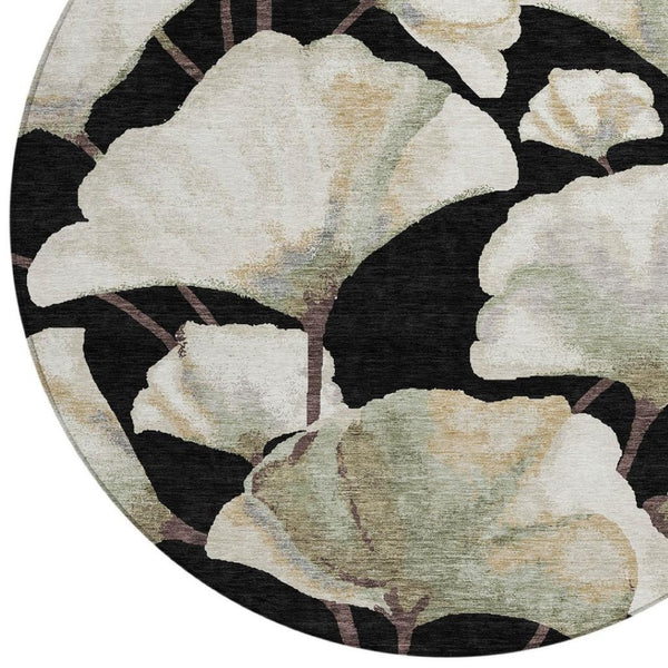 HomeRoots 8' Stylish Washable Round Area Rug with Bold Botanical Leaves for Indoor/Outdoor Spaces, Durable Design 690695