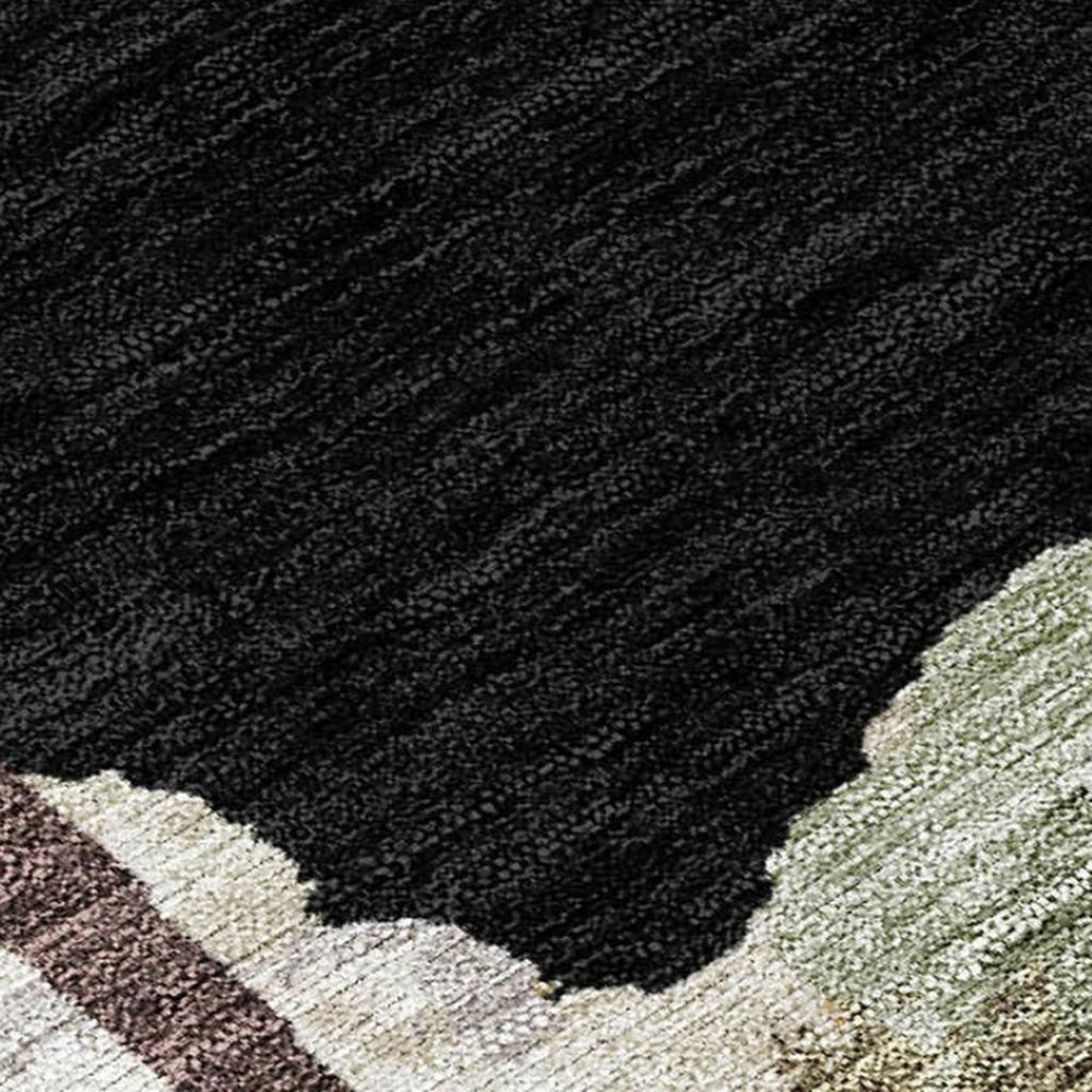 HomeRoots 9' X 12' Washable Botanical Area Rug with Black, Ivory & Green Leaves - Durable for Indoor/Outdoor Use 690697