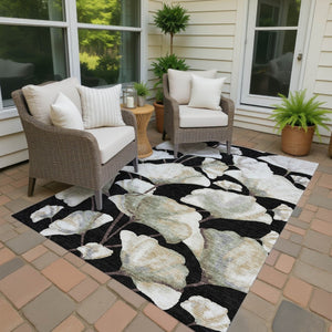 HomeRoots 9' X 12' Washable Botanical Area Rug with Black, Ivory & Green Leaves - Durable for Indoor/Outdoor Use 690697