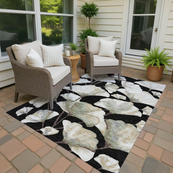 HomeRoots 9' X 12' Washable Botanical Area Rug with Black, Ivory & Green Leaves - Durable for Indoor/Outdoor Use 690697