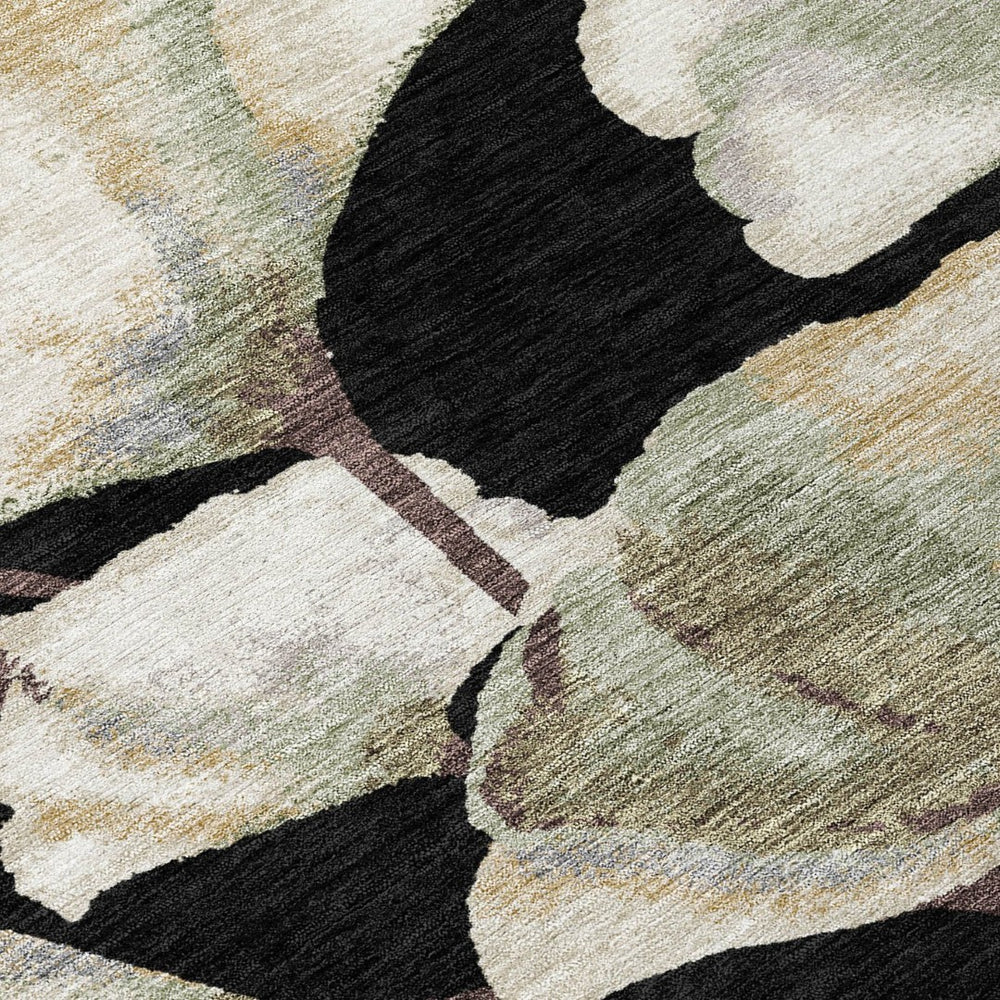 HomeRoots 9' X 12' Washable Botanical Area Rug with Black, Ivory & Green Leaves - Durable for Indoor/Outdoor Use 690697