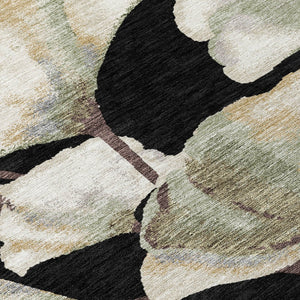HomeRoots 9' X 12' Washable Botanical Area Rug with Black, Ivory & Green Leaves - Durable for Indoor/Outdoor Use 690697