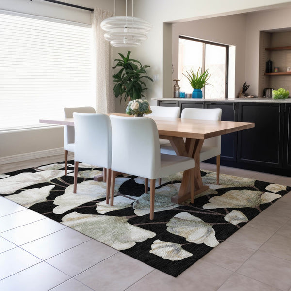 HomeRoots 9' X 12' Washable Botanical Area Rug with Black, Ivory & Green Leaves - Durable for Indoor/Outdoor Use 690697