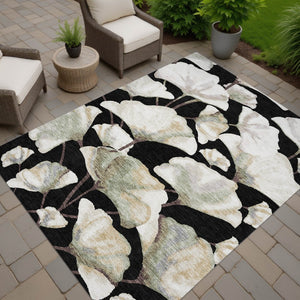 HomeRoots 9' X 12' Washable Botanical Area Rug with Black, Ivory & Green Leaves - Durable for Indoor/Outdoor Use 690697