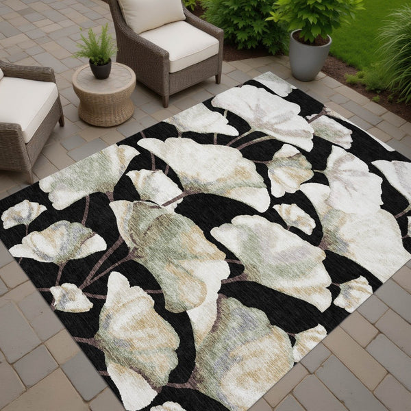 HomeRoots 9' X 12' Washable Botanical Area Rug with Black, Ivory & Green Leaves - Durable for Indoor/Outdoor Use 690697