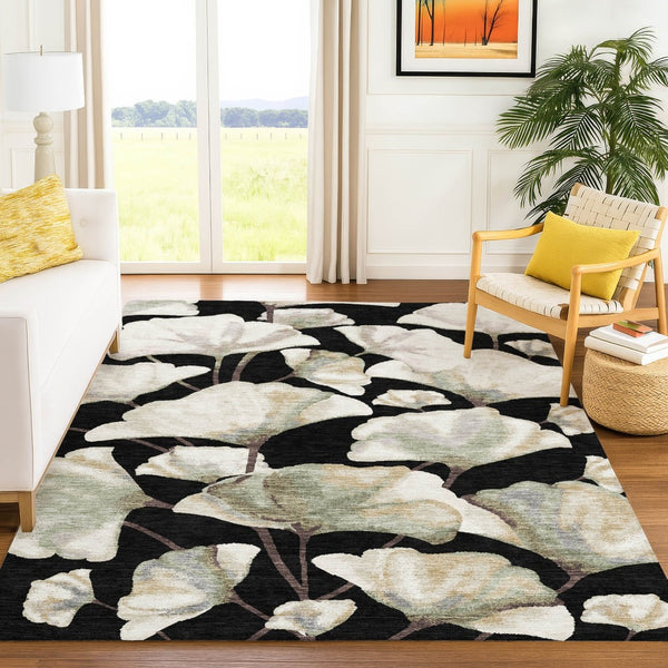 HomeRoots 10' X 14' Washable Black Ivory Green Botanical Leaves Rug - Perfect for Indoor & Outdoor Spaces! 690698