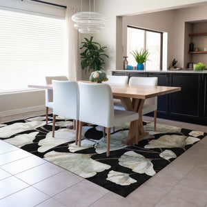 HomeRoots 10' X 14' Washable Black Ivory Green Botanical Leaves Rug - Perfect for Indoor & Outdoor Spaces! 690698