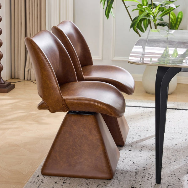 English Elm The Swivel Dining Chair with Hollow Cutout Back Faux Leather Hardwood Frame Modern Brown W3612P436512