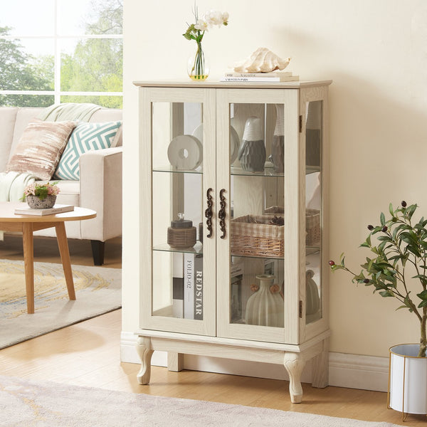 English Elm 2 Doors Curio Cabinet - Elegant Lighted Display With Glass, Mirrored Back, Adjustable Shelves & More! W2275P178894