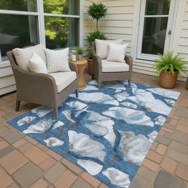 HomeRoots 5' X 8' Blue and Ivory Botanical Leaves Washable Rug - Durable, Stylish, and Perfect for Any Space! 690700