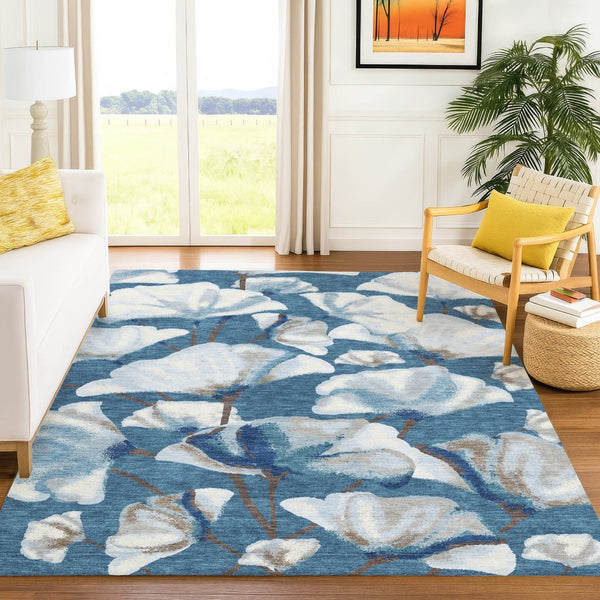 HomeRoots 5' X 8' Blue and Ivory Botanical Leaves Washable Rug - Durable, Stylish, and Perfect for Any Space! 690700